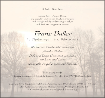Traueranzeige von Franz Buller von Neue Osnabrücker Zeitung GmbH & Co. KG