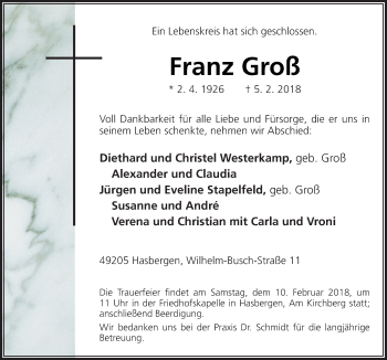 Traueranzeige von Franz Groß von Neue Osnabrücker Zeitung GmbH & Co. KG