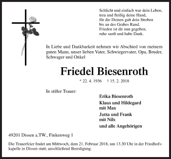 Traueranzeige von Friedel Biesenroth von Neue Osnabrücker Zeitung GmbH & Co. KG