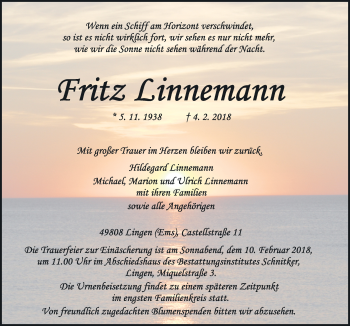 Traueranzeige von Fritz Linnemann von Neue Osnabrücker Zeitung GmbH & Co. KG