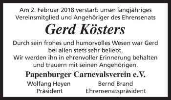Traueranzeige von Gerd Kösters von Neue Osnabrücker Zeitung GmbH & Co. KG