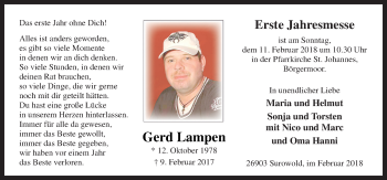 Traueranzeige von Gerd Lampen von Neue Osnabrücker Zeitung GmbH & Co. KG
