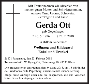 Traueranzeige von Gerda Ott von Neue Osnabrücker Zeitung GmbH & Co. KG