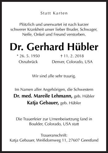 Traueranzeige von Gerhard Hübler von Neue Osnabrücker Zeitung GmbH & Co. KG