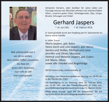 Traueranzeige von Gerhard Jaspers von Neue Osnabrücker Zeitung GmbH & Co. KG