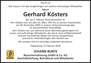 Traueranzeige von Gerhard Kösters von Neue Osnabrücker Zeitung GmbH & Co. KG