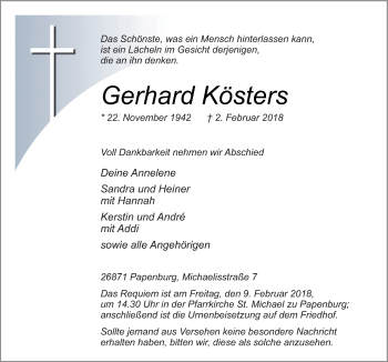 Traueranzeige von Gerhard Kösters von Neue Osnabrücker Zeitung GmbH & Co. KG
