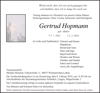 Traueranzeige von Gertrud Hopmann von Neue Osnabrücker Zeitung GmbH & Co. KG