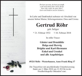 Traueranzeige von Gertrud Röhr von Neue Osnabrücker Zeitung GmbH & Co. KG