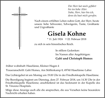 Traueranzeige von Gisela Kohne von Neue Osnabrücker Zeitung GmbH & Co. KG