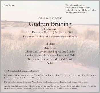 Traueranzeige von Gudrun Brüning von Neue Osnabrücker Zeitung GmbH & Co. KG