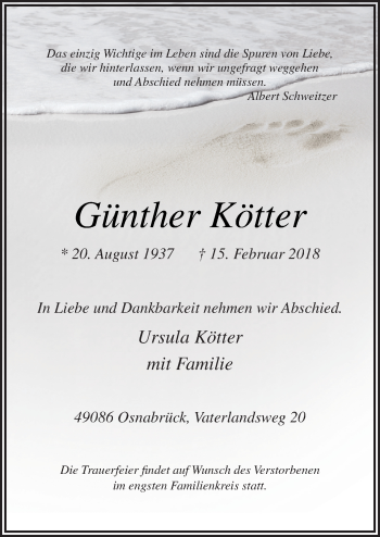 Traueranzeige von Günther Kötter von Neue Osnabrücker Zeitung GmbH & Co. KG