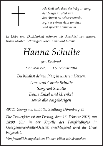 Traueranzeige von Hanna Schulte von Neue Osnabrücker Zeitung GmbH & Co. KG