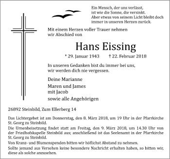 Traueranzeige von Hans Eissing von Neue Osnabrücker Zeitung GmbH & Co. KG