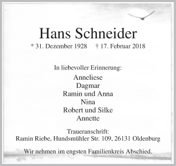 Traueranzeige von Hans Schneider von Neue Osnabrücker Zeitung GmbH & Co. KG