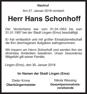 Traueranzeige von Hans Schonhoff von Neue Osnabrücker Zeitung GmbH & Co. KG
