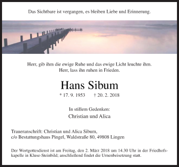 Traueranzeige von Hans Sibum von Neue Osnabrücker Zeitung GmbH & Co. KG