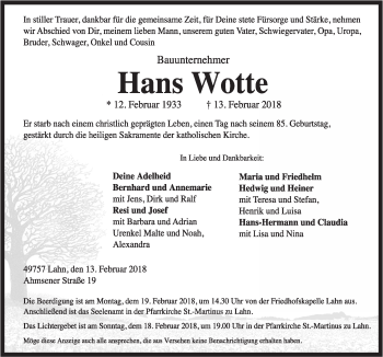 Traueranzeige von Hans Wotte von Neue Osnabrücker Zeitung GmbH & Co. KG