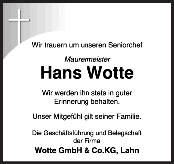 Traueranzeige von Hans Wotte von Neue Osnabrücker Zeitung GmbH & Co. KG