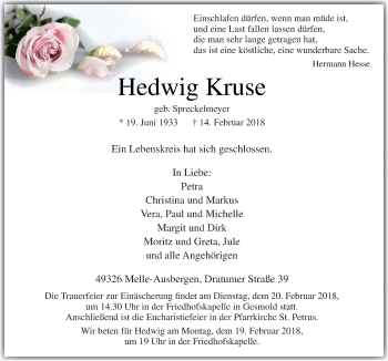 Traueranzeige von Hedwig Kruse von Neue Osnabrücker Zeitung GmbH & Co. KG