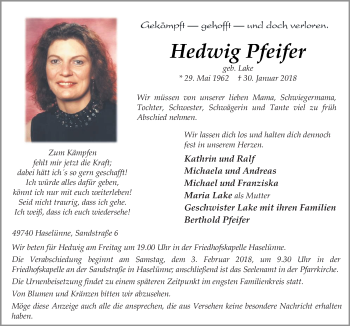 Traueranzeige von Hedwig Pfeifer von Neue Osnabrücker Zeitung GmbH & Co. KG