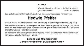 Traueranzeige von Hedwig Pfeifer von Neue Osnabrücker Zeitung GmbH & Co. KG