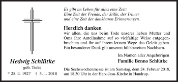 Traueranzeige von Hedwig Schlütke von Neue Osnabrücker Zeitung GmbH & Co. KG