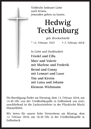 Traueranzeige von Hedwig Tecklenburg von Neue Osnabrücker Zeitung GmbH & Co. KG