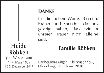 Traueranzeige von Heide Röbken von Neue Osnabrücker Zeitung GmbH & Co. KG
