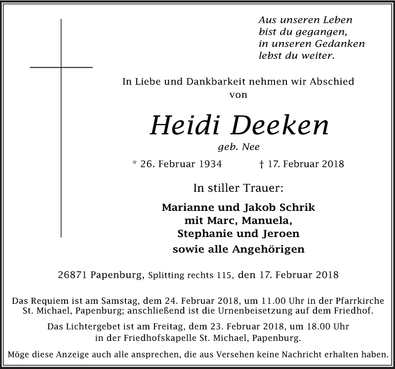  Traueranzeige für Heidi Deeken vom 20.02.2018 aus Neue Osnabrücker Zeitung GmbH & Co. KG
