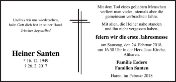 Traueranzeige von Heiner Santen von Neue Osnabrücker Zeitung GmbH & Co. KG