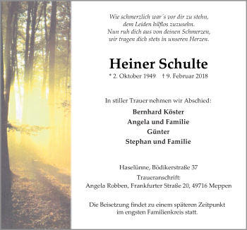 Traueranzeige von Heiner Schulte von Neue Osnabrücker Zeitung GmbH & Co. KG