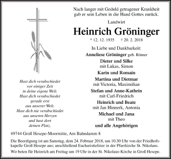 Traueranzeige von Heinrich Gröninger von Neue Osnabrücker Zeitung GmbH & Co. KG
