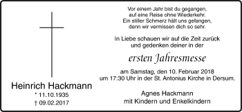 Traueranzeige von Heinrich Hackmann von Neue Osnabrücker Zeitung GmbH & Co. KG