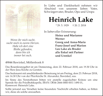 Traueranzeige von Heinrich Lake von Neue Osnabrücker Zeitung GmbH & Co. KG