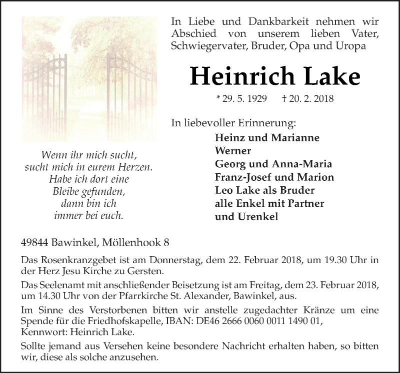  Traueranzeige für Heinrich Lake vom 22.02.2018 aus Neue Osnabrücker Zeitung GmbH & Co. KG