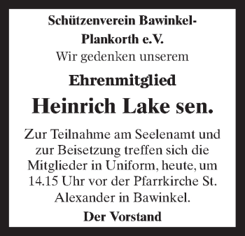 Traueranzeige von Heinrich Lake von Neue Osnabrücker Zeitung GmbH & Co. KG