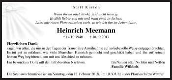 Traueranzeige von Heinrich Meemann von Neue Osnabrücker Zeitung GmbH & Co. KG