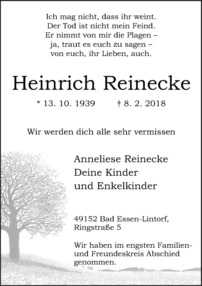  Traueranzeige für Heinrich Reinecke vom 16.02.2018 aus Neue Osnabrücker Zeitung GmbH & Co. KG