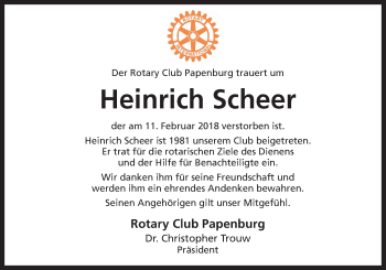 Traueranzeige von Heinrich Scheer von Neue Osnabrücker Zeitung GmbH & Co. KG