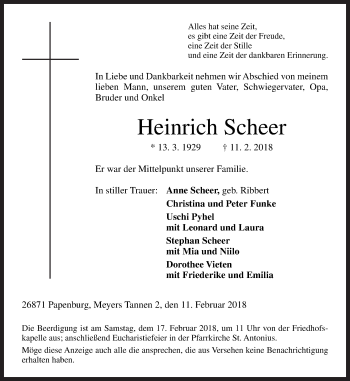 Traueranzeige von Heinrich Scheer von Neue Osnabrücker Zeitung GmbH & Co. KG