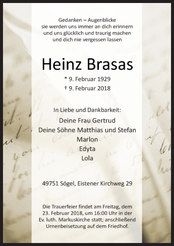 Traueranzeige von Heinz Brasas von Neue Osnabrücker Zeitung GmbH & Co. KG