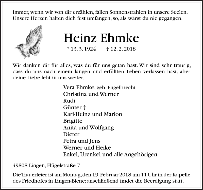  Traueranzeige für Heinz Ehmke vom 15.02.2018 aus Neue Osnabrücker Zeitung GmbH & Co. KG