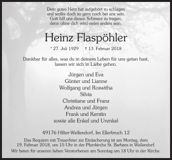 Traueranzeige von Heinz Flaspöhler von Neue Osnabrücker Zeitung GmbH & Co. KG