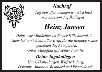 Traueranzeige von Heinz Jansen von Neue Osnabrücker Zeitung GmbH & Co. KG