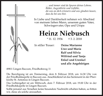 Traueranzeige von Heinz Niebusch von Neue Osnabrücker Zeitung GmbH & Co. KG