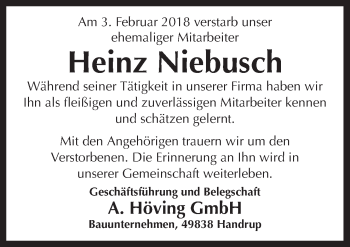 Traueranzeige von Heinz Niebusch von Neue Osnabrücker Zeitung GmbH & Co. KG