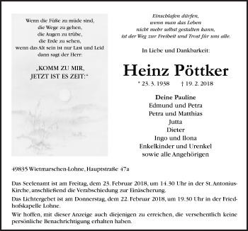 Traueranzeige von Heinz Pöttker von Neue Osnabrücker Zeitung GmbH & Co. KG