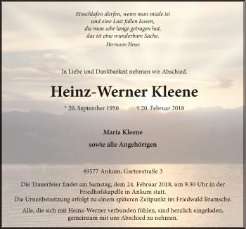 Traueranzeige von Heinz-Werner Kleene von Neue Osnabrücker Zeitung GmbH & Co. KG