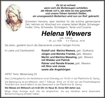 Traueranzeige von Helena Wewers von Neue Osnabrücker Zeitung GmbH & Co. KG